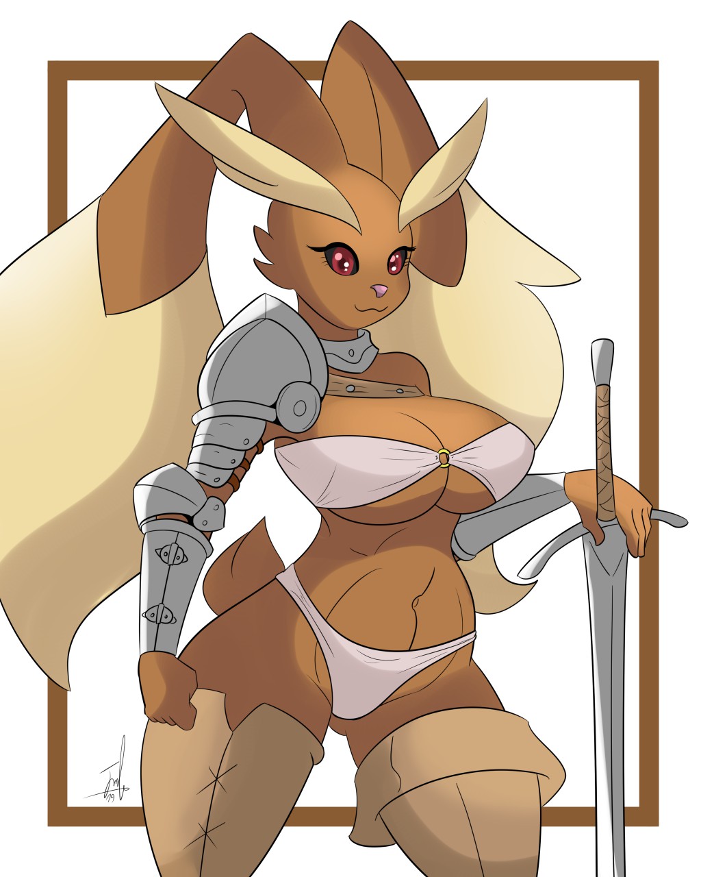 4:5 :3 armlet asymmetrical_clothing bare_shoulders big_breasts bikini black_sclera breasts brown_body brown_fur clothing collar curvy_figure eyebrows eyelashes female fur glistening glistening_body glistening_clothing glistening_eyes hi_res holding_object holding_sword holding_weapon legwear long_ears looking_at_viewer lopunny melee_weapon nintendo pink_nose pok&eacute;mon pok&eacute;mon_(species) portrait quakebrothers red_eyes shoulder_armor simple_background smile solo standing strapless_clothing swimwear sword tan_background thick_eyebrows three-quarter_portrait under_boob video_games weapon white_bikini white_clothing white_swimwear