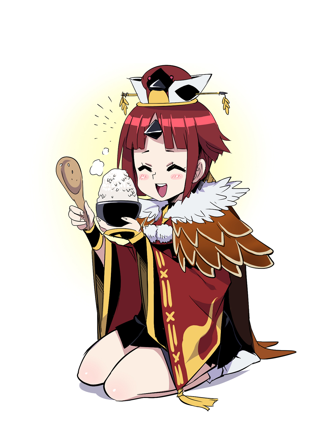 1girl ^_^ benienma_(fate) bird_hat blush_stickers bowl brown_hair brown_headwear brown_kimono closed_eyes english_commentary fate/grand_order fate_(series) feather_trim highres holding holding_spoon japanese_clothes kimono long_hair low_ponytail rice rice_bowl rice_spoon ryuusei_(mark_ii) seiza sitting smile socks solo spoon steam wide_sleeves wooden_spoon