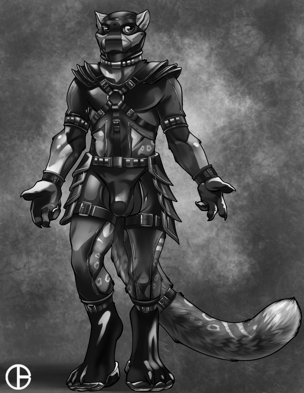 2021 4_fingers anthro biped bulge claws clothed clothing dbruin digital_media_(artwork) digitigrade felid finger_claws fingers front_view fur grey_background greyscale hi_res iris long_tail looking_at_viewer male mammal mask monochrome pantherine pupils rubber short_fur shoulder_pads simple_background snow_leopard solo spots spotted_body spotted_fur spotted_tail standing