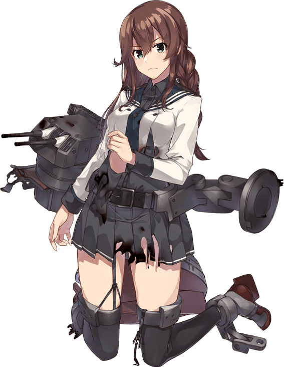1girl belt belt_buckle black_belt brown_eyes buckle burnt_clothes closed_mouth frown full_body green_eyes kantai_collection kneeling konishi_(koconatu) long_hair long_sleeves looking_at_viewer machinery noshiro_(kantai_collection) official_art rigging sidelocks solo torn_clothes transparent_background twintails
