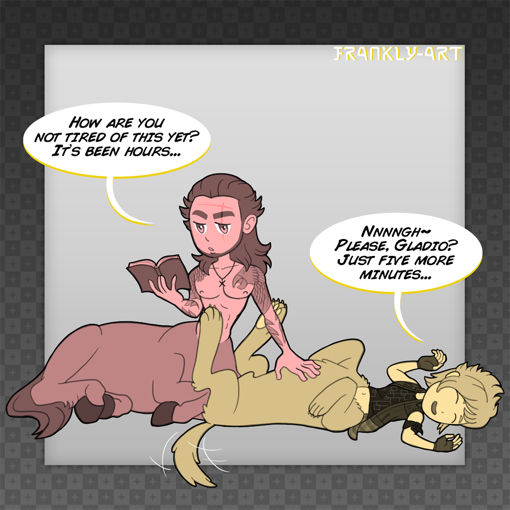 1:1 anime belly_rub canid canid_taur canine canis centaur comic domestic_dog duo english_text equid equid_taur equine final_fantasy final_fantasy_xv frankly-art gladiolus_amicitia hair humanoid_taur male male/male mammal mammal_taur manga pan-demonium prompto_argentum square_enix taur text video_games