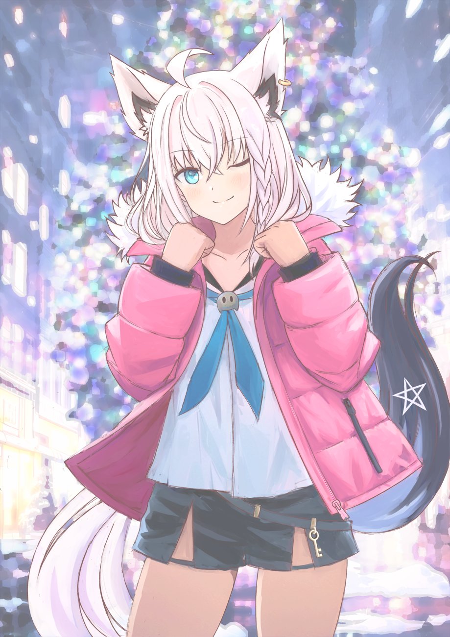 1girl ahoge animal_ear_fluff animal_ears black_shorts blue_neckerchief blurry blurry_background blush braid cganime commentary_request earrings fox_ears fox_girl fox_tail green_eyes hair_between_eyes highres hololive jacket jewelry long_hair looking_at_viewer neckerchief one_eye_closed open_clothes open_jacket outdoors pentagram pink_jacket shirakami_fubuki shirt shorts sidelocks single_braid smile solo tail virtual_youtuber white_hair white_shirt