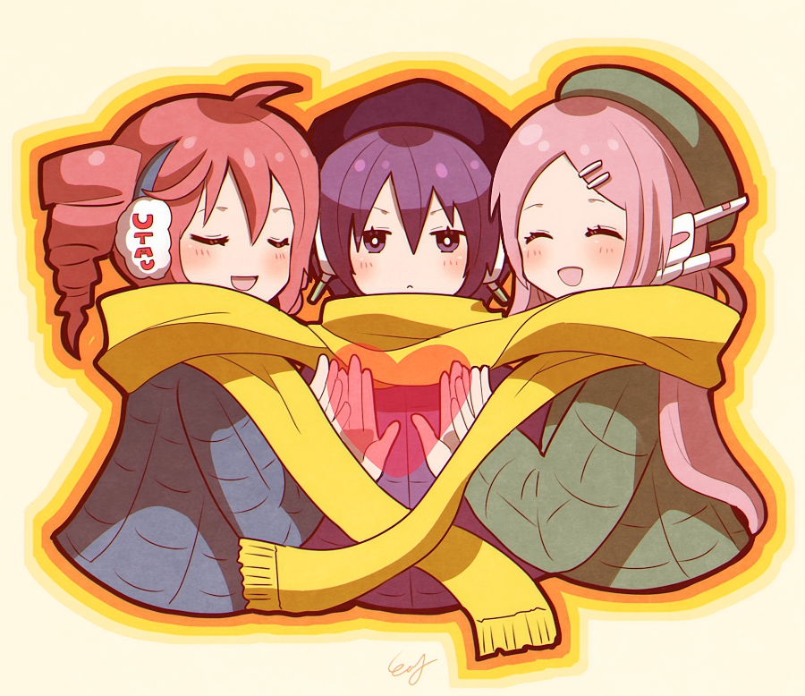 3girls :&lt; beret blush closed_eyes coat drill_hair earmuffs hair_ornament hairclip hat heart holding_hands kasane_teto long_hair looking_at_viewer momone_momo multiple_girls np_eny open_mouth pink_hair purple_eyes purple_hair robot_ears scarf shared_clothes shared_scarf short_hair smile twin_drills utane_uta utau very_long_hair