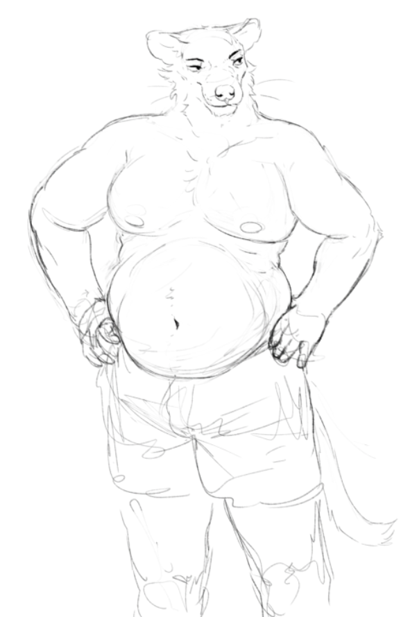 2022 anthro areola belly bottomwear cettus clothed clothing euplerid fossa front_view hands_on_hips male mammal moobs navel nipples overweight overweight_anthro overweight_male pants pants_only shorts sketch solo standing topless