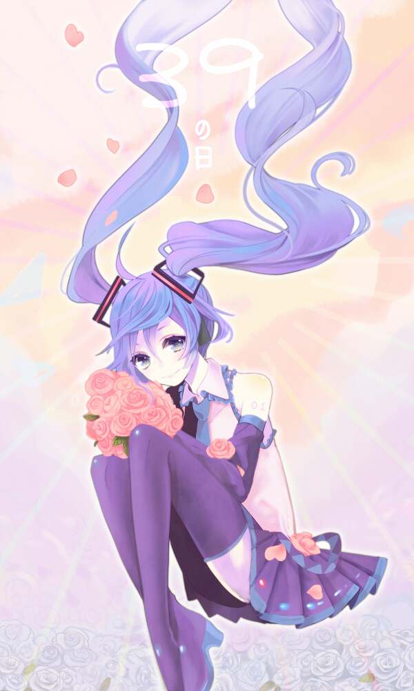1girl 39 blue_eyes blue_hair boots bouquet collared_shirt coma_(fginiy) crossed_ankles floating_hair flower hair_ornament hatsune_miku high_heel_boots high_heels holding holding_bouquet knees_up long_hair looking_at_viewer necktie petals pleated_skirt rose shirt skirt sleeveless sleeveless_shirt smile solo thigh_boots twintails very_long_hair vocaloid