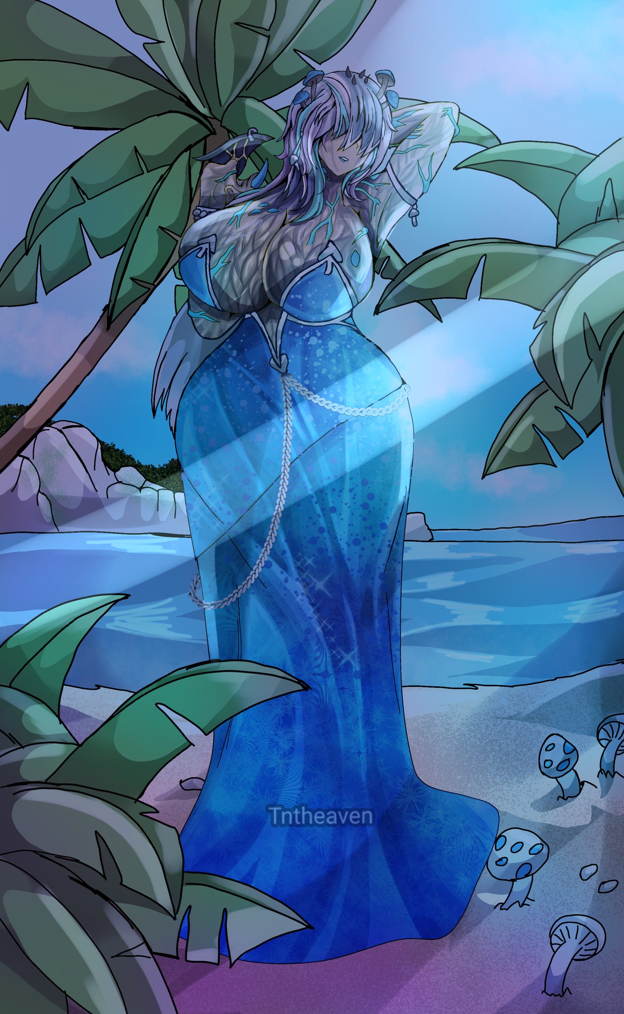 artist_name ass beach blue_dress blue_hair blue_skin breasts calamity_(terraria_mod) cleavage cliff colored_skin crabulon dress grey_skin hair_over_eyes highres huge_ass huge_breasts long_hair monster_girl mushroom mushroom_on_head ocean palm_tree personification sand terraria tntheaven tree