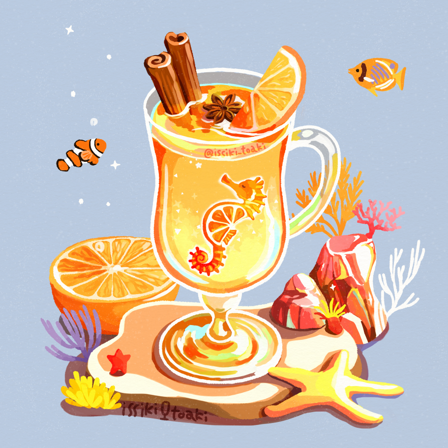 blue_background cinnamon_stick clownfish coral cup drink drinking_glass fish food food_focus fruit issiki_toaki no_humans orange_(fruit) orange_slice original seahorse starfish