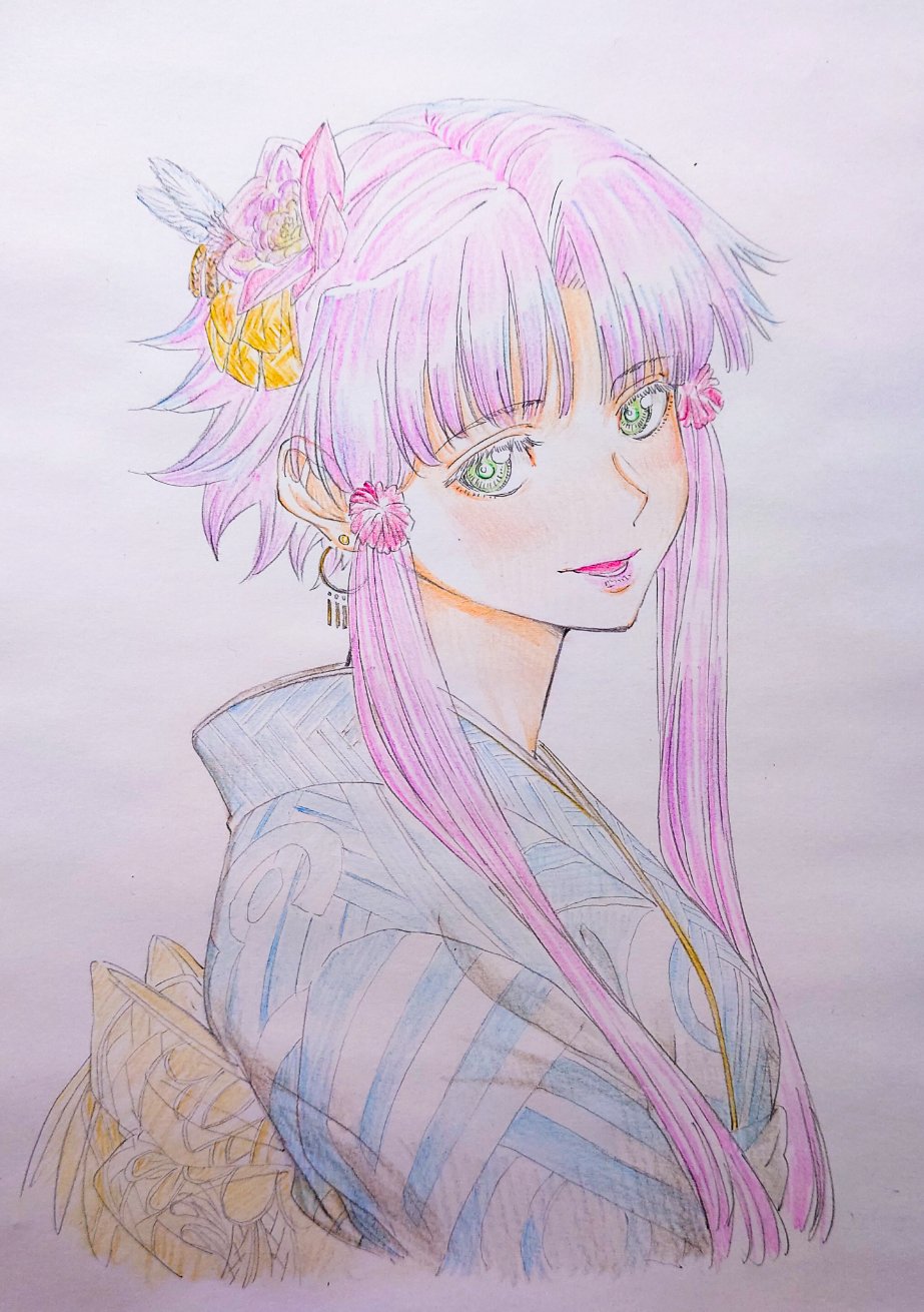1girl alternate_costume aria_(manga) blue_kimono blush commentary_request cropped_torso cwind earrings feather_hair_ornament feathers flower from_side green_eyes hair_flower hair_ornament highres japanese_clothes jewelry kimono lips mizunashi_akari obi open_mouth parted_bangs pink_flower pink_hair sash short_hair_with_long_locks simple_background sketch solo traditional_media two-tone_kimono white_background white_kimono yellow_sash
