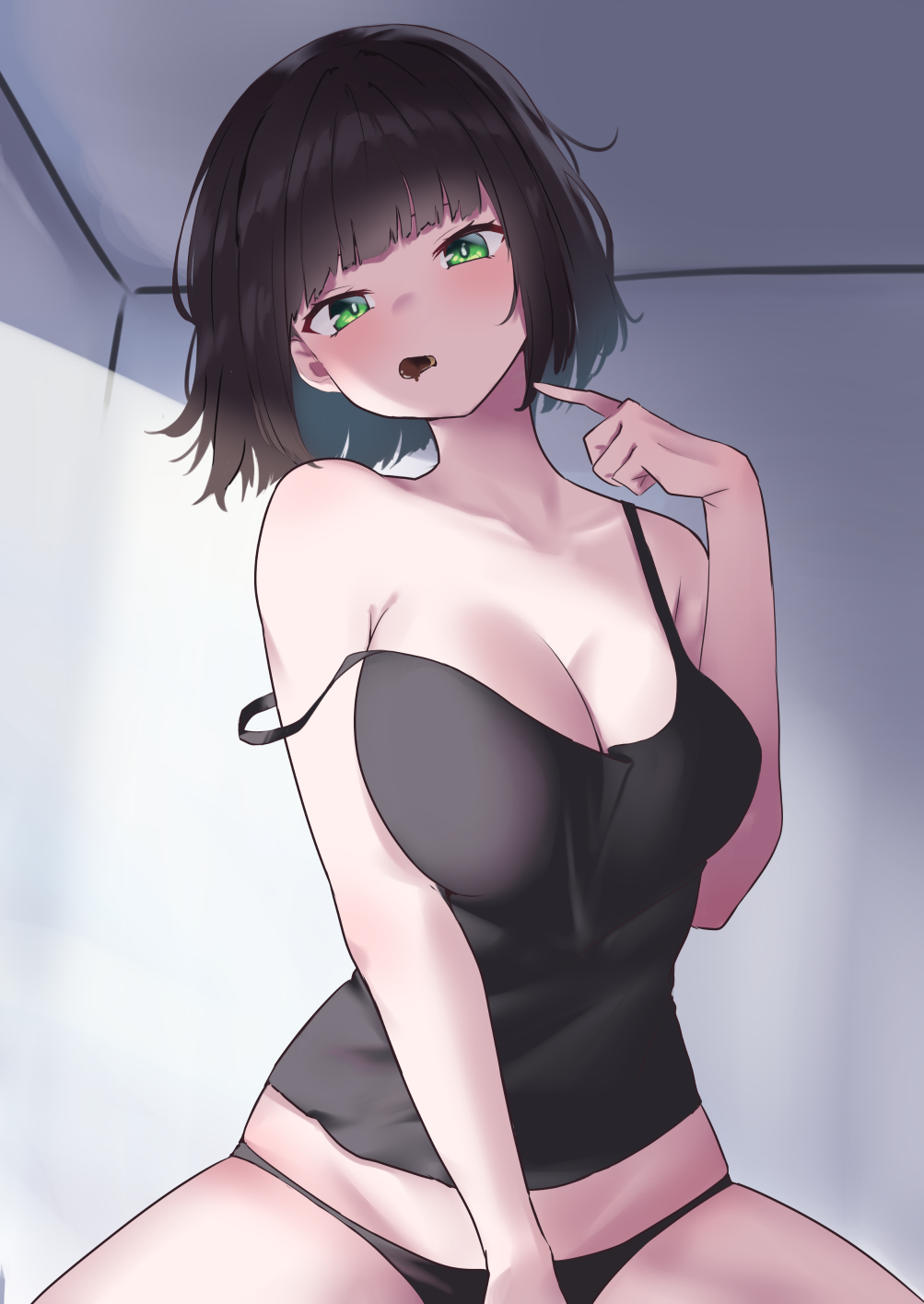 1girl bare_shoulders black_camisole black_hair blush breasts camisole cleavage food_in_mouth green_eyes highres incoming_pocky_kiss lanthan large_breasts looking_at_viewer midriff original pocky_day pointing pointing_at_self short_hair