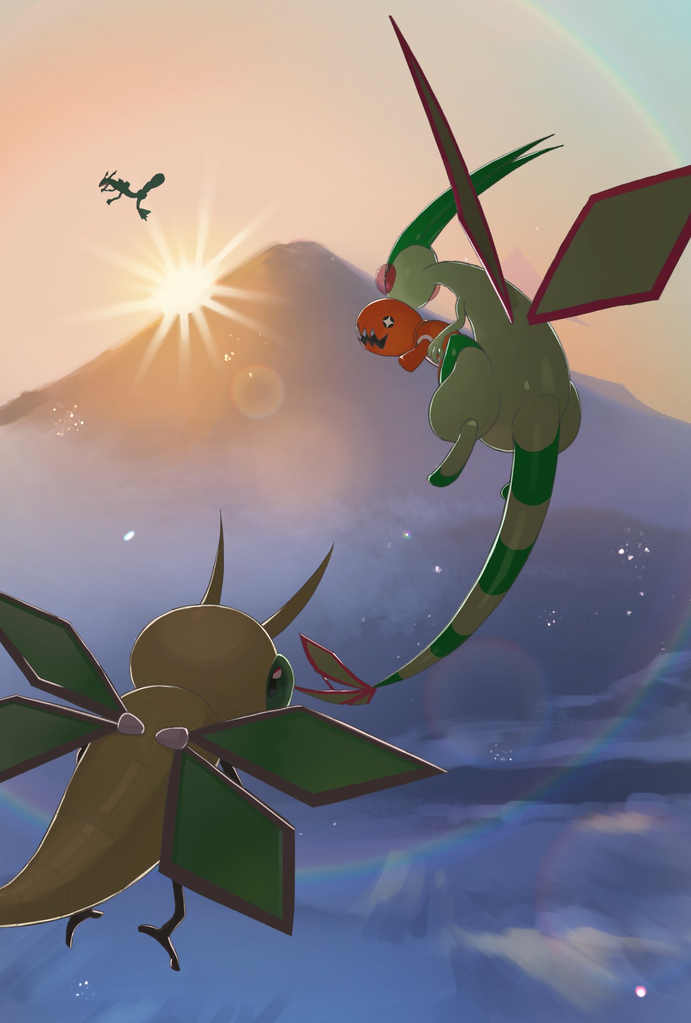 animal_focus bug colored_skin commentary_request fangs floating flygon green_skin highres mountain no_humans orange_skin pokemon pokemon_(creature) pokemon_airy rayquaza skin_fangs sun tail trapinch vibrava wings