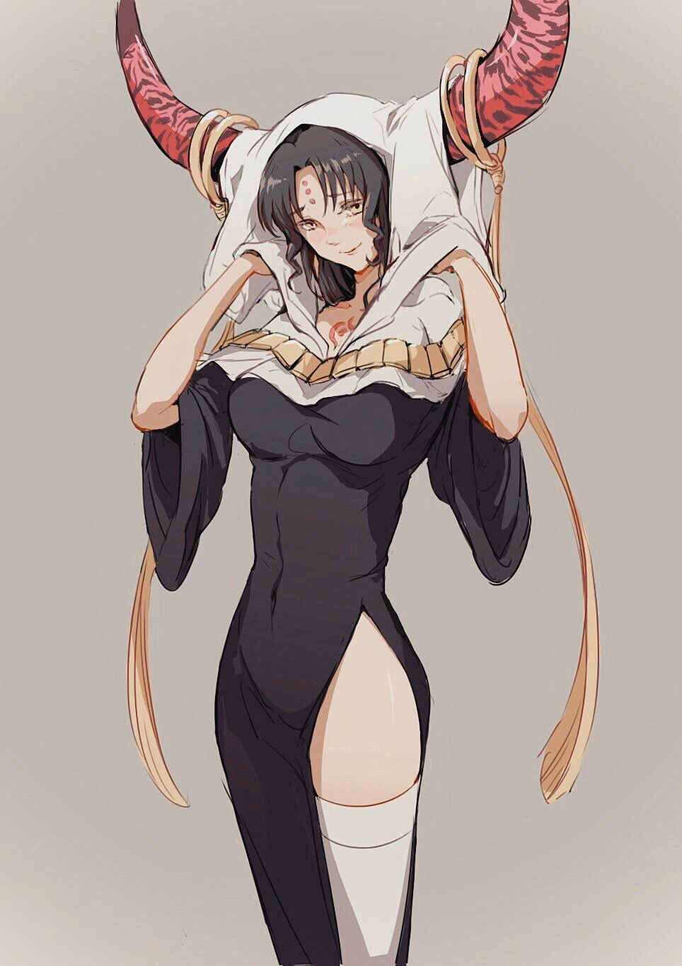 1girl amidura black_dress black_hair black_horns breasts chest_tattoo closed_mouth commentary_request dress facial_mark fate/extra fate/extra_ccc fate/grand_order fate_(series) feet_out_of_frame forehead_mark forehead_tattoo gold_necklace grey_background hands_up highres horn_ornament horn_ring horns jewelry korean_commentary large_horns light_blush long_sleeves looking_at_viewer medium_breasts medium_hair multicolored_horns necklace parted_bangs pink_horns sessyoin_kiara simple_background smile solo tassel tattoo thighhighs two-tone_horns white_thighhighs white_veil wide_sleeves yellow_eyes