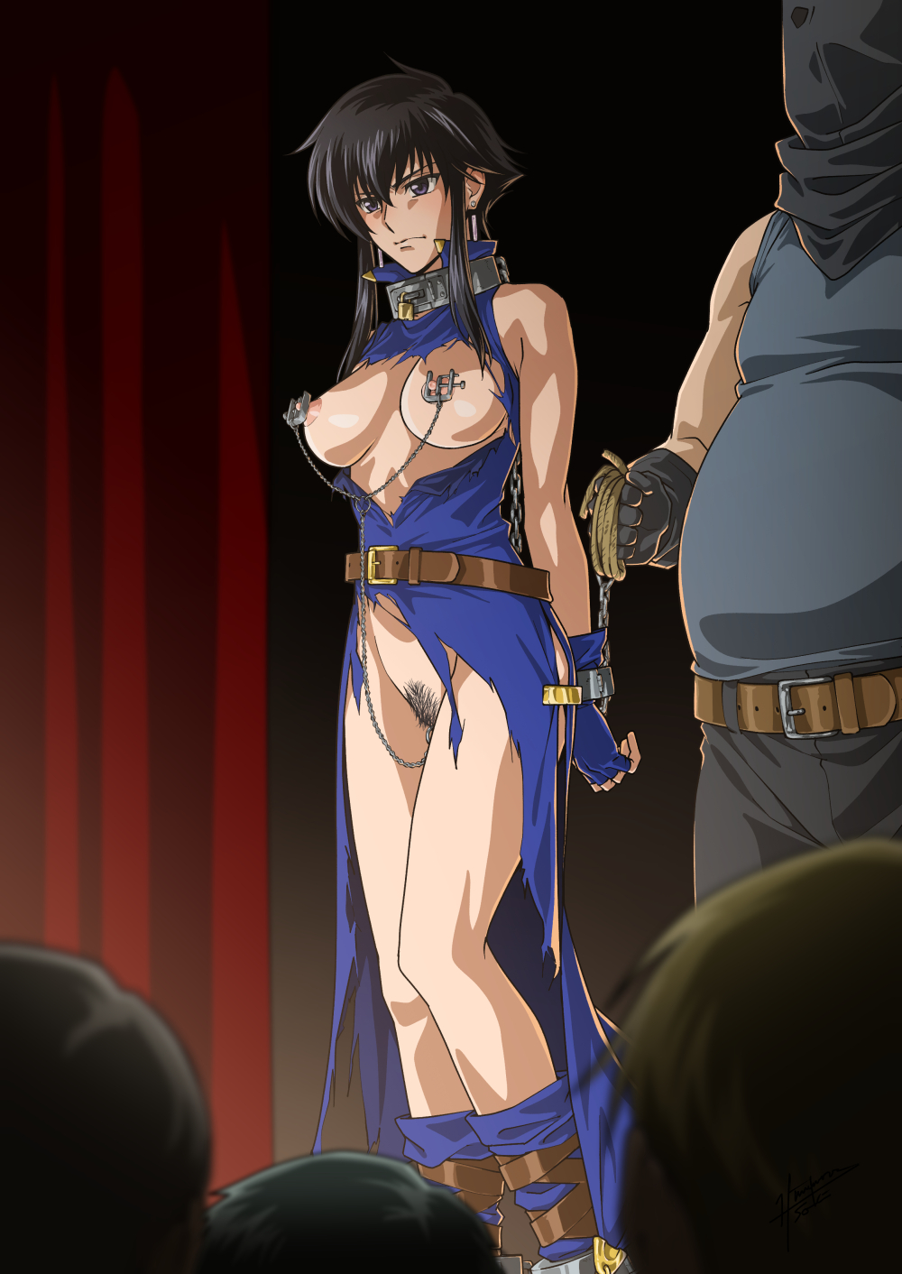 1girl arms_behind_back bdsm black_hair blue_dress bondage boots bound bound_arms bound_wrists chain chain_leash clitoris_piercing commentary_request commission cuffs dress female_pubic_hair fire_emblem highres himemura_saki larcei_(fire_emblem) leash nipple_clamps nipples no_bra no_panties piercing pubic_hair pussy pussy_piercing restrained sex_toy short_hair skeb_commission slave torn_clothes torn_dress