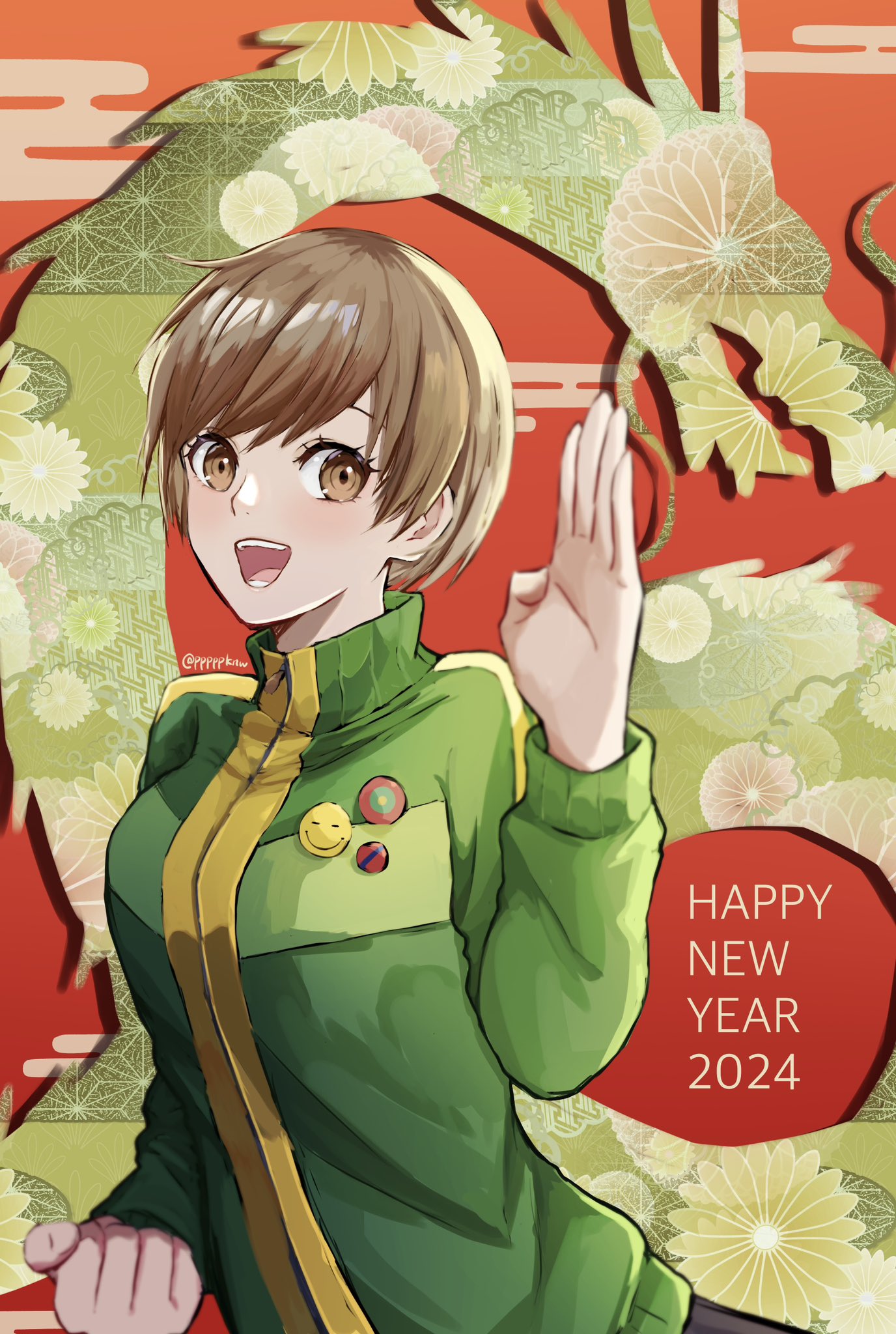 1girl 2024 :d badge black_skirt blush breasts brown_eyes brown_hair button_badge chinese_zodiac clenched_hand commentary_request eyelashes floral_background gradient_background green_background green_jacket hand_up happy_new_year highres jacket long_sleeves looking_at_viewer medium_breasts multicolored_background open_mouth orange_background persona persona_4 pppppknw red_background satonaka_chie short_hair skirt smile solo teeth track_jacket twitter_username upper_body year_of_the_dragon