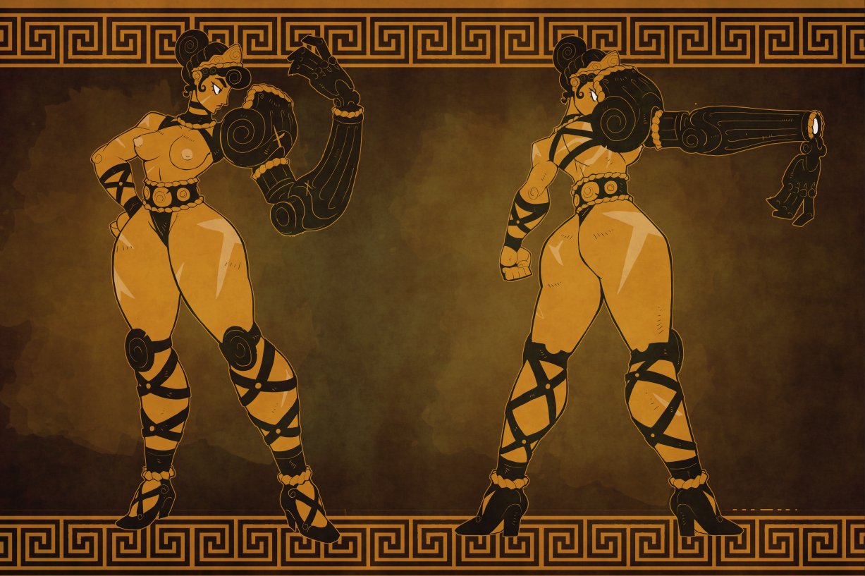 1girl aiming ankleband arm_at_side arm_cannon ass black_hair black_loincloth breasts chest_harness choker clenched_hand colored_skin curly_hair douglas_harvey facing_away full_body gladiator_sandals greek_key hand_on_own_hip harness high_heels high_ponytail knee_pads limited_palette loincloth looking_down looking_to_the_side mechanical_arms medium_breasts multiple_views narrow_waist nipples open_hand original outline outstretched_arm patterned_background sandals sash scar scar_on_arm scar_on_ass scar_on_back scar_on_cheek scar_on_face scar_on_leg scroll_background shoulder_pads sideboob simple_background single_bare_shoulder single_mechanical_arm solo standing thick_thighs thighs tiara toned weapon wide_hips yellow_skin yellow_theme