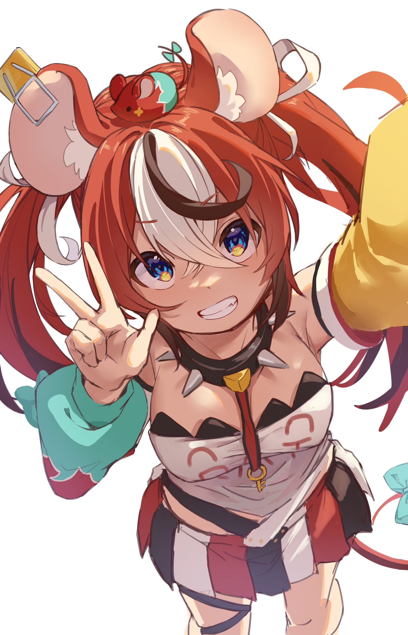 1girl animal_ears blue_eyes bow collar detached_sleeves grin hakos_baelz highres hololive hololive_english miniskirt mouse_ears mouse_tail multicolored_hair red_hair selfie skirt smile spiked_collar spikes strapless streaked_hair tail tail_bow tail_ornament tazaki_yokka tube_top twintails v white_background
