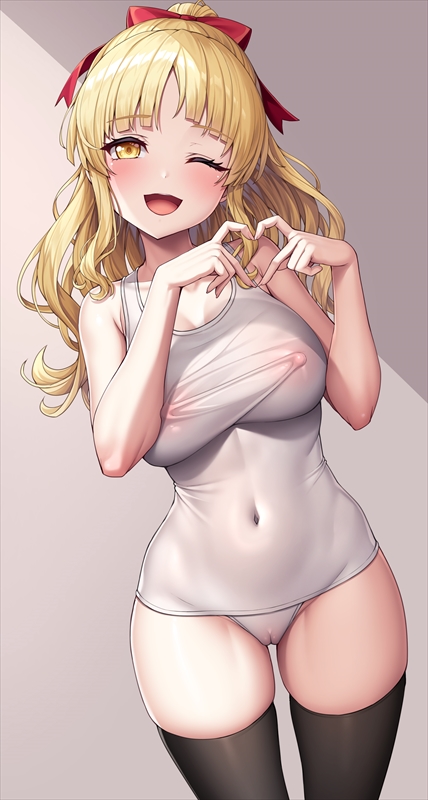 1girl bang_dream! bare_arms bare_shoulders black_thighhighs blonde_hair blush bow breasts commentary_request covered_navel covered_nipples cowboy_shot grey_background groin hair_bow half_updo heart heart_hands lambda_(kusowarota) large_breasts long_hair looking_at_viewer old_school_swimsuit one_eye_closed open_mouth parted_bangs red_bow school_swimsuit simple_background smile solo swimsuit thick_thighs thighhighs thighs tsurumaki_kokoro white_swimsuit yellow_eyes