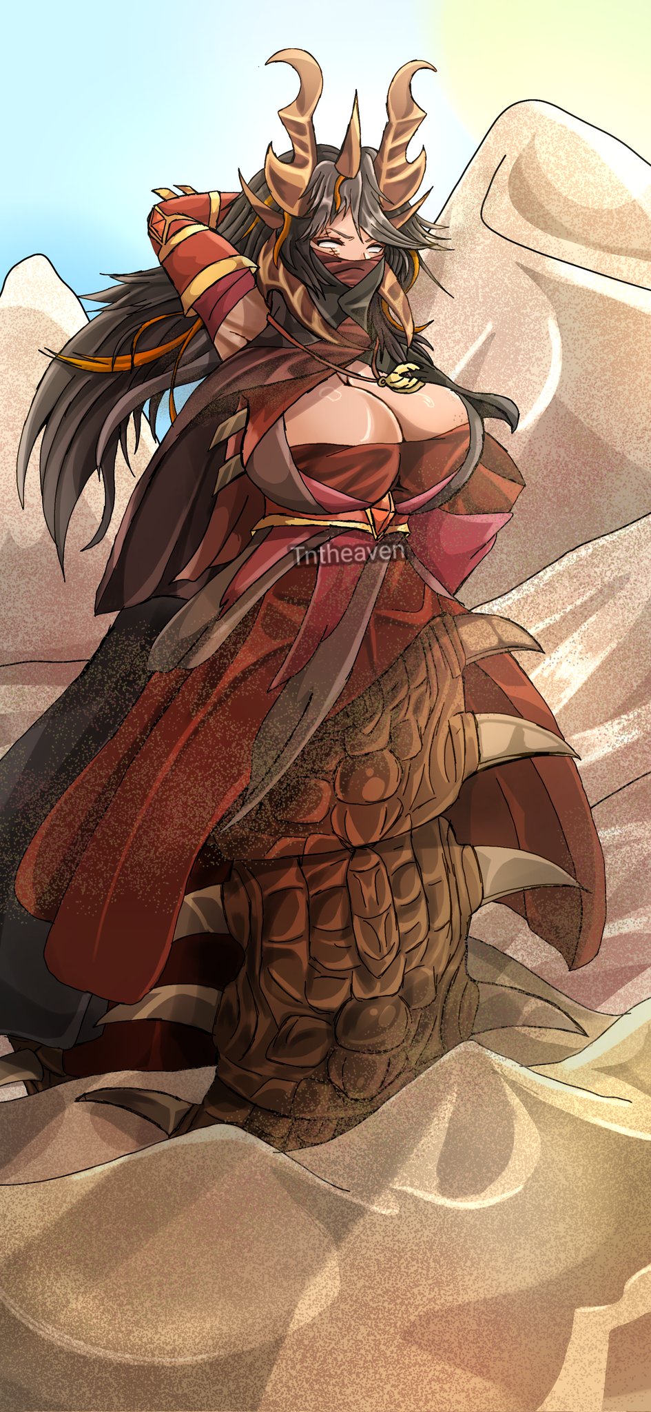 artist_name black_hair breasts calamity_(terraria_mod) cleavage cloak day desert desert_scourge_(calamity_mod) dress gold_horns highres horns huge_breasts jewelry lamia long_hair mandibles monster_girl necklace red_cloak red_dress red_mask red_sleeves sand scales spikes sun terraria tntheaven
