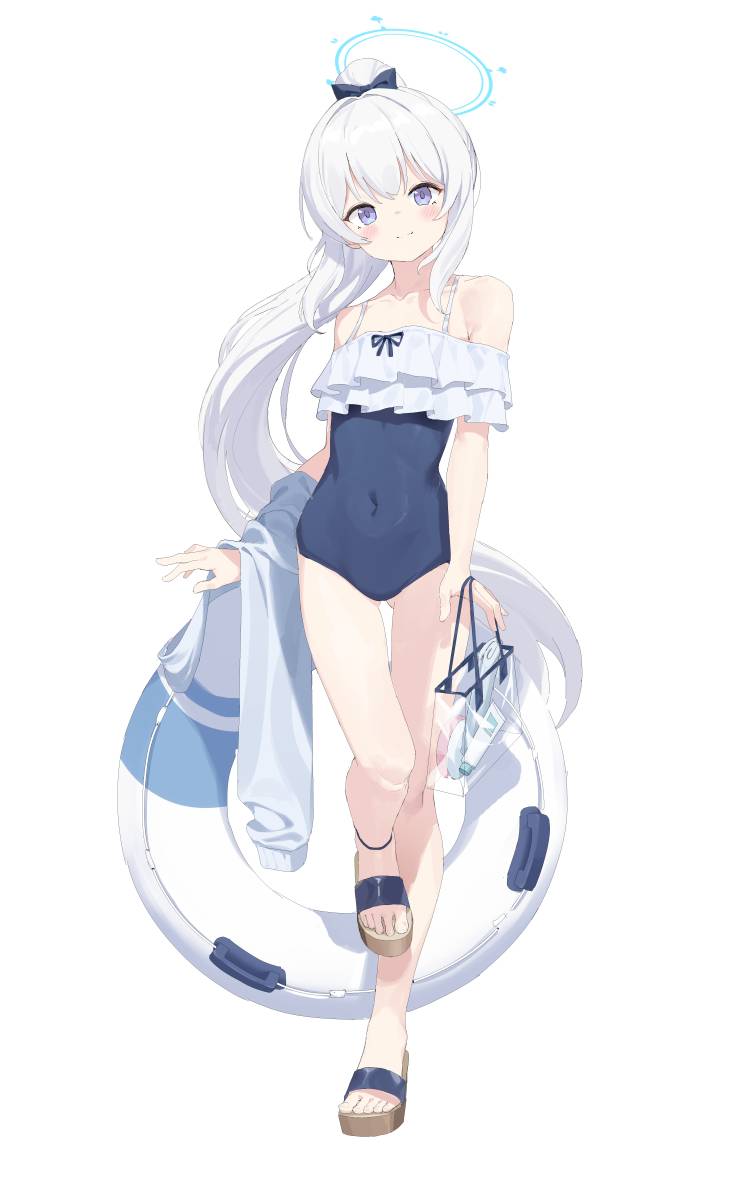 1girl 2t_(vmyz7342) ass_visible_through_thighs bag bare_legs bare_shoulders blue_archive blue_eyes blue_halo blue_one-piece_swimsuit blush bow collarbone commentary covered_navel feet frilled_one-piece_swimsuit frills full_body hair_between_eyes hair_bow halo high_ponytail holding holding_bag holding_sweater impossible_clothes impossible_swimsuit innertube legs long_hair looking_at_viewer miyako_(blue_archive) miyako_(swimsuit)_(blue_archive) one-piece_swimsuit ponytail sandals simple_background smile solo standing swimsuit symbol-only_commentary toenails toes transparent_bag very_long_hair white_background white_hair