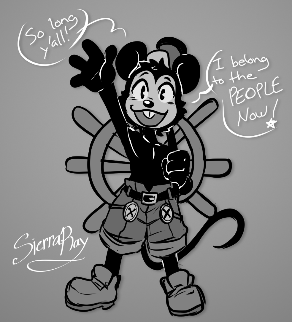 1920s_(style) 1boy animal_ears artist_name disney english_text full_body greyscale hat male_focus mickey_mouse monochrome mouse_boy mouse_ears mouse_tail parody rockehbloo ship's_wheel simple_background smile solo steamboat_willie tail teeth toon_(style) upper_teeth_only