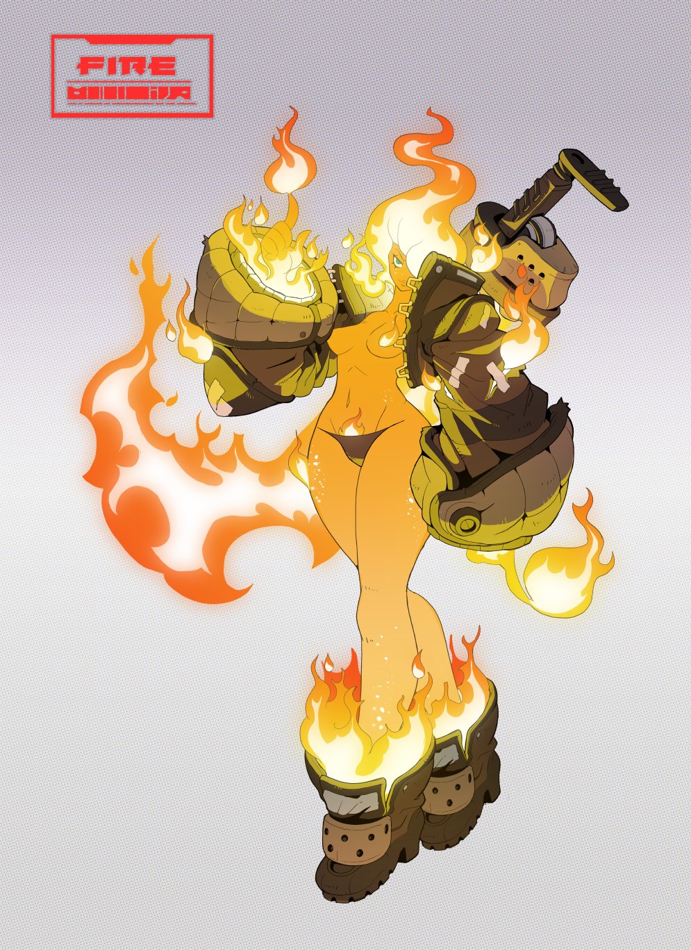 1girl arm_at_side bare_legs black_panties blue_eyes boots breasts character_name colored_skin cropped_jacket douglas_harvey elbow_pads english_text fiery_hair fiery_nipples fiery_pubic_hair fire fire_elemental firefighter flaming_foot flaming_hand flaming_sword flaming_weapon glowing gradient_background grey_background groin hand_up highres jacket legs lips looking_at_viewer navel original oversized_footwear panties patterned_background pointing pointing_up popped_collar pyrokinesis single_elbow_pad small_breasts solo strapless_bottom sword sword_on_back tape thighs torn_clothes torn_jacket underwear walking weapon weapon_on_back wide_hips wide_shot yellow_skin