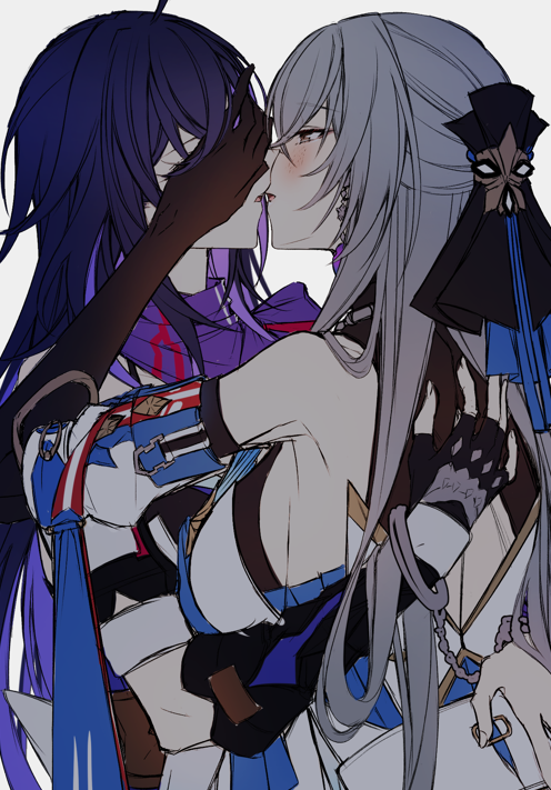 2girls armpit_crease bare_shoulders black_gloves black_headwear blue_hair blue_scarf blush breasts bronya_rand colored_inner_hair couple covering_another's_eyes detached_sleeves earrings elbow_gloves fingerless_gloves gloves grey_eyes grey_hair hand_on_another's_back honkai:_star_rail honkai_(series) hug jewelry kiss large_breasts multicolored_hair multiple_girls scarf seele_(honkai:_star_rail) sieka_(piiroinardesco) simple_background upper_body white_background yuri