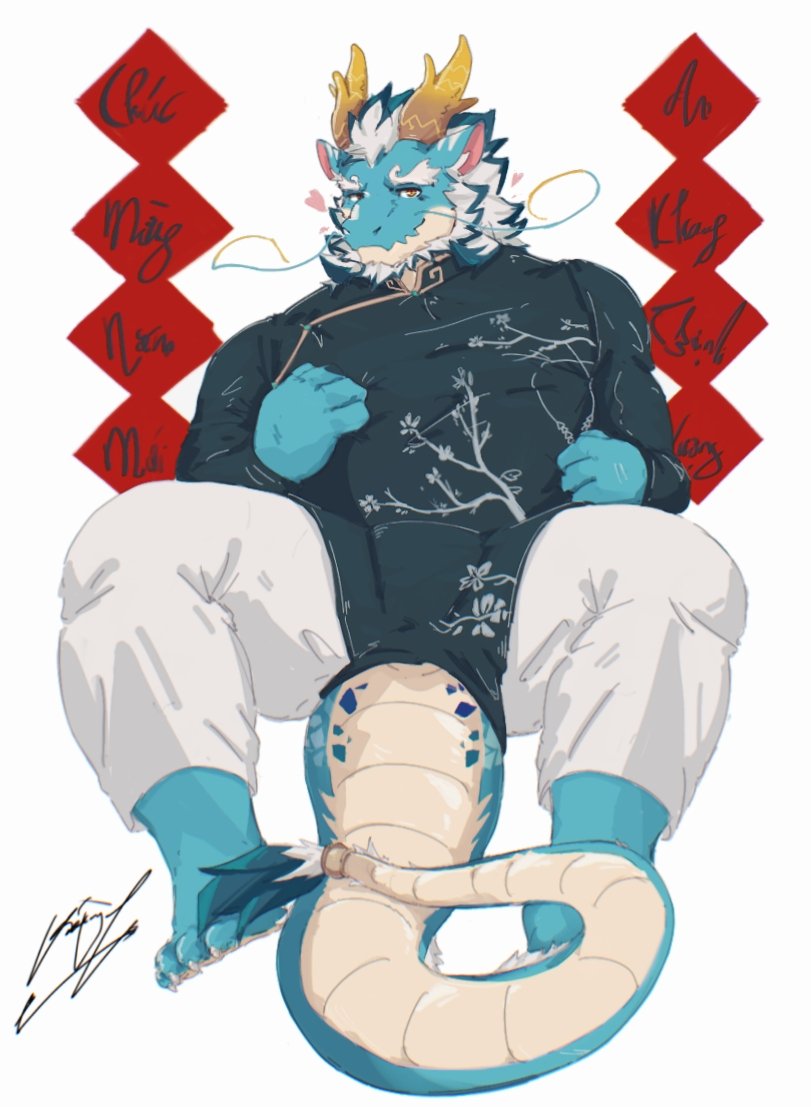 815147h anthro asian_clothing blue_body chinese_clothing clothing dragon east_asian_clothing eyebrows hair horn lifewonders male mature_male musclegut qinglong solo thick_eyebrows tokyo_afterschool_summoners white_hair yellow_eyes