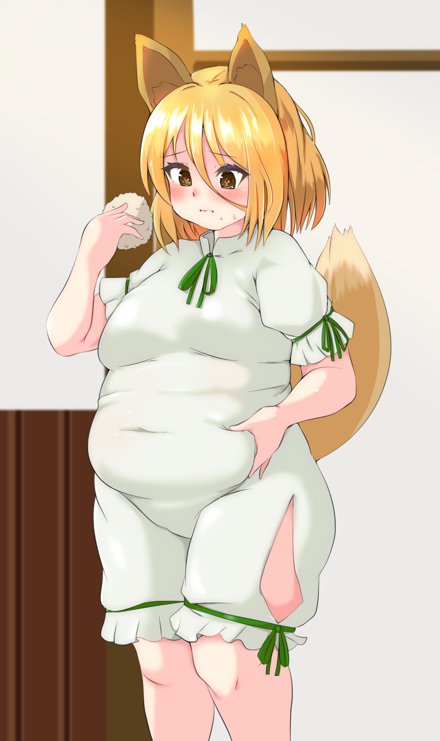1girl animal_ears belly_grab blonde_hair blurry blurry_background blush brown_eyes closed_mouth commentary_request covered_navel feet_out_of_frame food hair_between_eyes highres holding holding_food kudamaki_tsukasa medium_hair nerizou plump short_sleeves solo sweat tail thick_thighs thighs touhou weight_conscious
