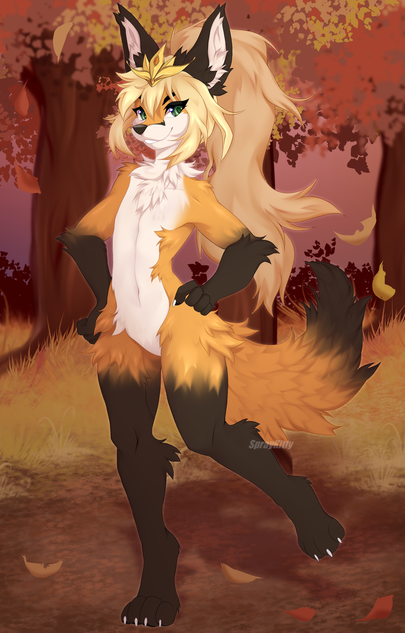 2023 anthro artist_name black_nose blonde_hair brown_body brown_fur canid canine detailed_background digital_media_(artwork) ear_tuft falling_leaves featureless_crotch fox fur gloves_(marking) grass hair hi_res inner_ear_fluff leg_markings looking_at_viewer mammal markings navel nude orange_body orange_fur outside plant smile socks_(marking) solo spraykitty tree tuft white_body white_fur