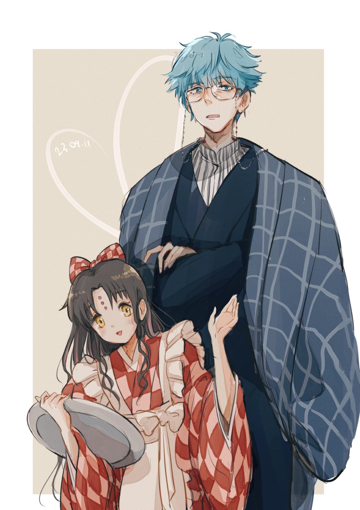 amidura apron black_hair blue_eyes blue_hair blue_kimono blush border bow checkered_bow checkered_clothes checkered_kimono cowboy_shot crossed_arms dated facial_mark fate/grand_order fate_(series) forehead_mark forehead_tattoo glasses grey_background grey_shirt hair_bow hands_up hans_christian_andersen_(adult)_(fate) hans_christian_andersen_(fate) haori heart highres holding holding_tray japanese_clothes kimono long_hair looking_at_viewer multicolored_hair open_mouth outside_border parted_bangs pink_bow pink_hair pink_kimono red_bow red_kimono sessyoin_kiara sessyoin_kiara_(lily) shirt short_hair sidelocks smile streaked_hair striped striped_shirt tray two-tone_bow two-tone_kimono two-tone_shirt vertical-striped_shirt vertical_stripes white_apron white_border white_bow white_shirt yellow_eyes