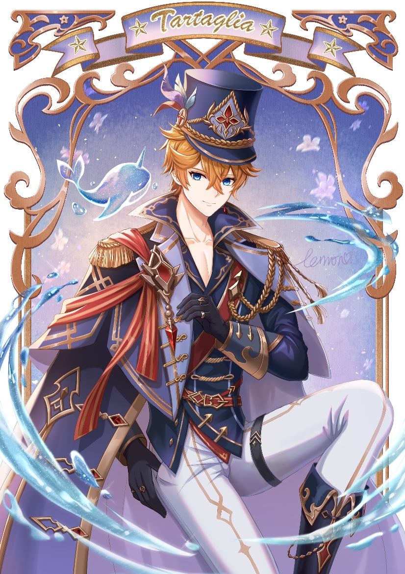 1boy artist_name belt black_gloves blue_eyes boots character_name epaulettes genshin_impact gloves hair_between_eyes hat heavenlove jewelry male_focus orange_hair pants petals ring shako_cap tartaglia_(genshin_impact) thigh_strap thumb_in_pocket water whale white_pants