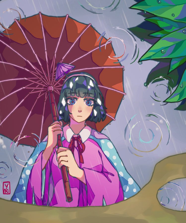 1other amanomiya_jun androgynous black_hair blue_cape blue_eyes blunt_bangs blunt_ends bow bowtie cape closed_mouth collar collared_shirt commentary expressionless eyelashes hairband holding holding_umbrella japanese_clothes leaf len'en light_blush long_sleeves oil-paper_umbrella other_focus outdoors pink_shirt pink_sleeves polka_dot_capelet puddle rain red_bow red_bowtie red_pupils red_umbrella reflection_focus ripples shirt short_hair signature solo symbol-only_commentary two-tone_cape umbrella umbrella_hair_ornament upper_body waiwa_way white_cape white_collar white_hairband wide_sleeves