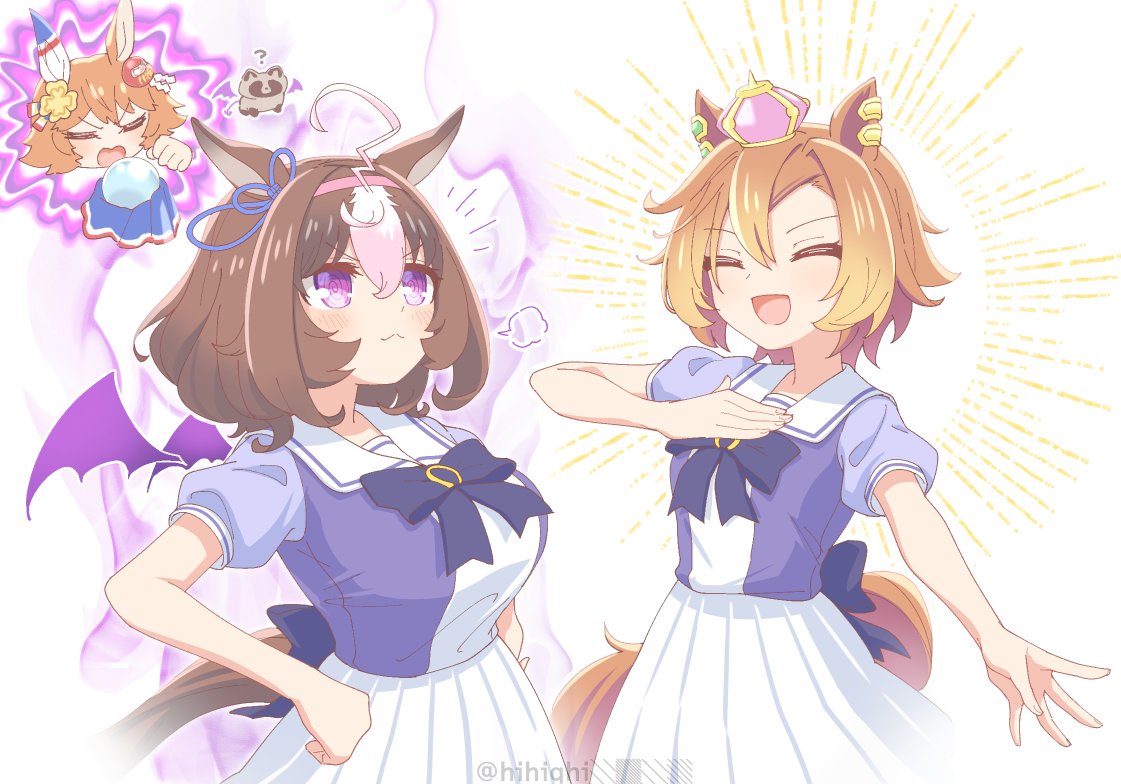 3girls :&lt; @_@ ahoge animal_ears blush breasts brown_hair closed_eyes closed_mouth crown crystal_ball detached_wings hairband hand_on_own_chest hands_on_own_hips hihiqhi horse_ears horse_girl horse_tail large_breasts matikane_tannhauser_(umamusume) medium_hair meisho_doto_(umamusume) mini_crown multiple_girls orange_hair outstretched_arm purple_eyes purple_shirt sailor_collar school_uniform shirt short_hair short_sleeves small_breasts smile sparkle t.m._opera_o_(umamusume) tail tanuki tracen_school_uniform twitter_username umamusume upper_body watermark wings
