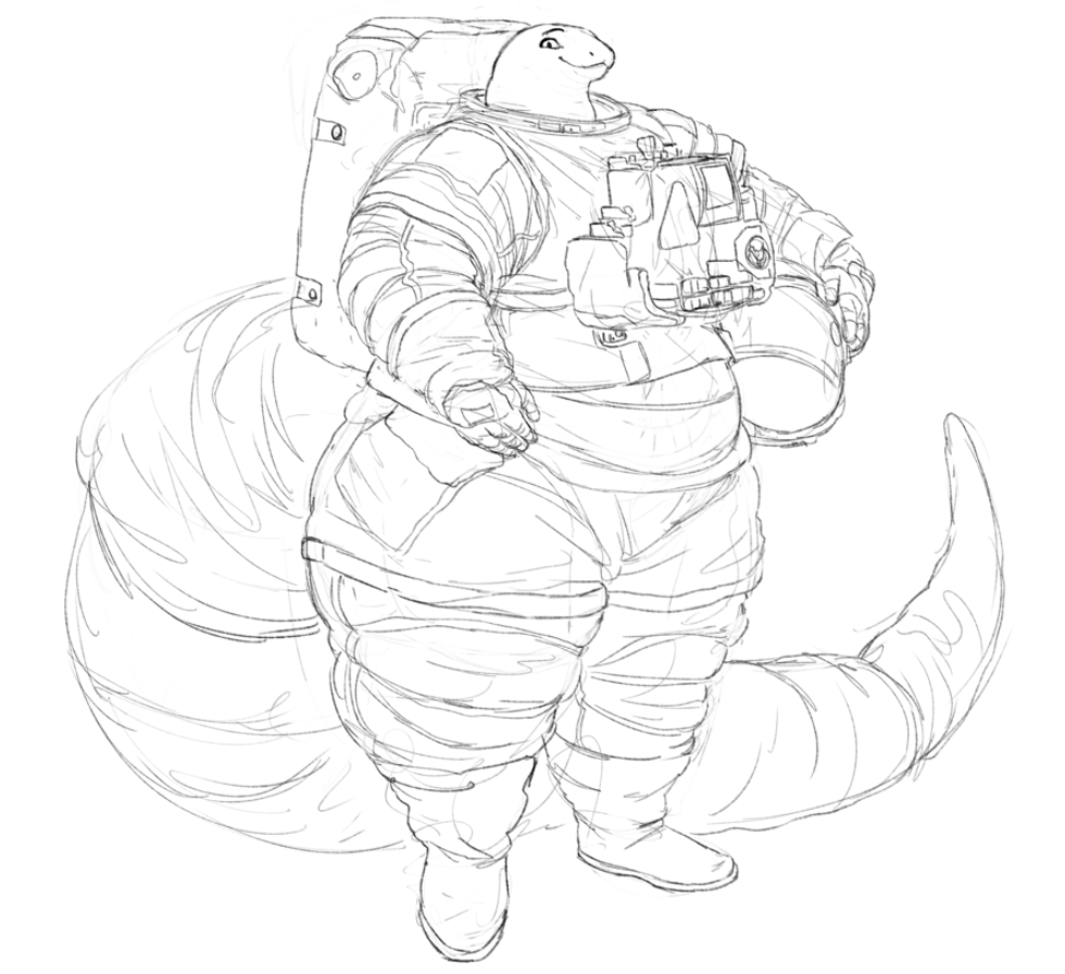 2023 anthro armor astronaut backpack cettus clothed clothing fully_clothed headgear helmet holding_armor holding_headgear holding_helmet holding_object long_tail looking_at_viewer male overweight overweight_anthro overweight_male reptile scalie smile snake solo spacesuit standing suit tail