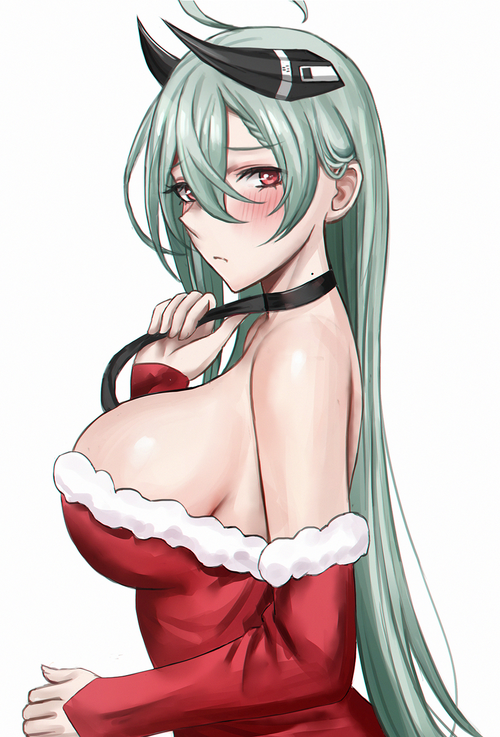 1girl ahoge blush breasts closed_mouth detached_sleeves dress english_commentary from_side girls'_frontline green_hair hand_up highres horns large_breasts leash long_hair looking_at_viewer ltlx_7000_(girls'_frontline) mole mole_on_neck red_dress red_eyes selcky sideboob simple_background solo upper_body very_long_hair white_background