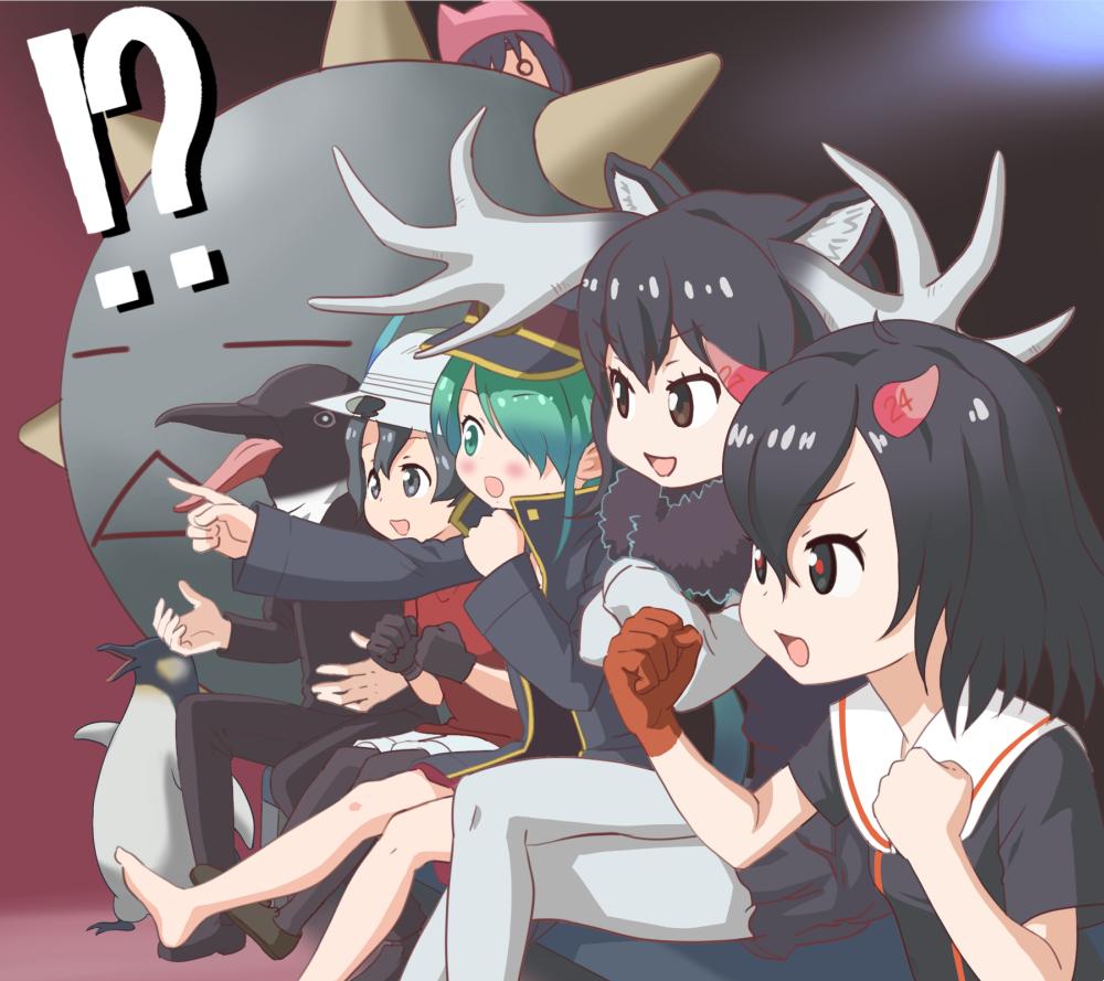 !? 1boy 5girls :d animal_ear_fluff animal_ears antlers barefoot bird black_background black_coat black_footwear black_gloves black_hair black_pants black_shirt black_skirt blue_background brown_eyes brown_footwear butsumetsu_(irodori) clenched_hand clenched_hands coat commentary_request couch creator_connection crossed_arms death_metal_sayaka death_metal_sayaka_to_butsumetsu gaijin_4koma_(meme) gloves green_eyes green_hair grey_eyes grey_thighhighs hair_between_eyes hair_over_one_eye hat hat_feather helmet hentatsu horns irodori_(irodoriginal) kaban_(kemono_friends) keifuku-san keifuku_(tatsuki) kemono_friends kemurikusa light_blush looking_to_the_side meme moose_(kemono_friends) multicolored_background multiple_girls oni_(hentatsu) oni_horns open_mouth pants peaked_cap penguin pith_helmet pointing real_life red_background red_gloves red_horns red_pupils red_shirt shirt shoes single_glove sitting skirt smile tamagoya tatsuki_(person) thighhighs white_headwear