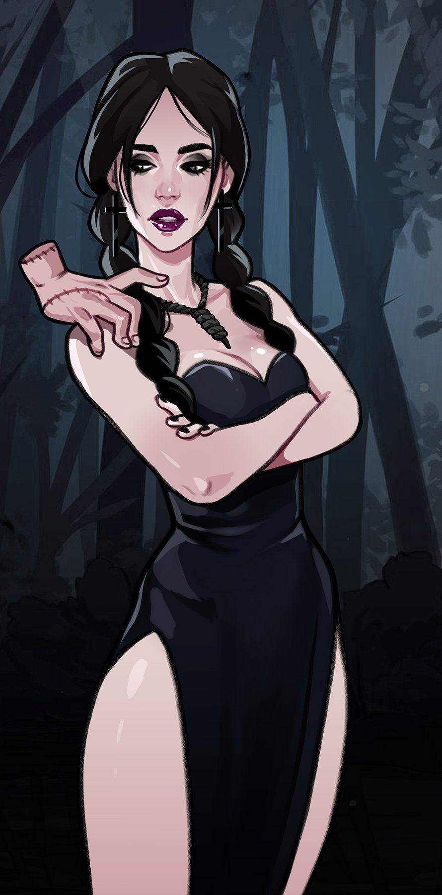 1girl addams_family bare_arms bare_shoulders black_dress black_hair braid breasts cleavage cowboy_shot dress forest hand_on_another's_shoulder highres long_hair medium_breasts nature off_shoulder olena_minko parted_bangs purple_lips rope_necklace solo teeth thing_(addams_family) twin_braids twintails wednesday_(netflix) wednesday_addams