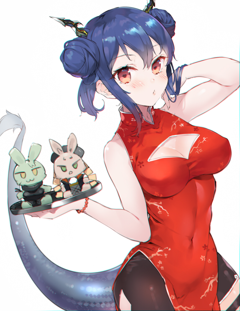 1girl :3 adjusting_hair arknights bike_shorts black_shorts blue_hair blush bracelet breasts ch'en_(ageless_afterglow)_(arknights) ch'en_(arknights) china_dress chinese_clothes cleavage cleavage_cutout clothing_cutout covered_navel cowboy_shot double_bun dragon_horns dragon_tail dress hair_bun holding holding_tray horns jewelry koba official_alternate_costume red_dress red_eyes short_hair shorts sidelocks simple_background sleeveless sleeveless_dress solo standing tail tray white_background