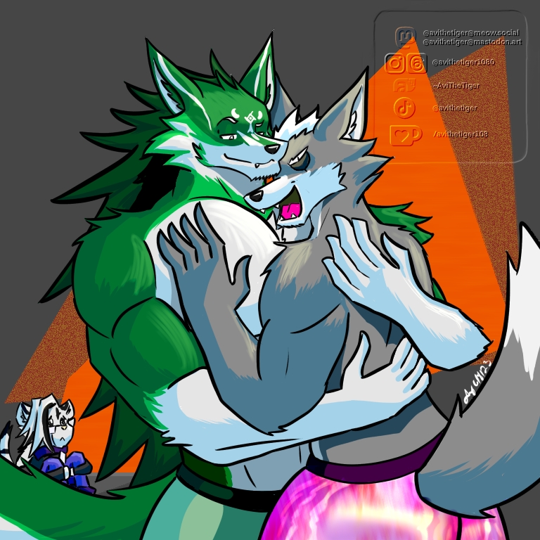 anthro avi_(avi_the_tiger) avi_the_tiger barazoku bodily_fluids bottomwear canid canine canis clothing crying duo embrace felid fluffy forestpunktiger hug link_(wolf_form) male male/male mammal muscular muscular_anthro muscular_arms muscular_male nintendo pallav_the_tiger pantherine sad_tiger shorts smile star_fox tears the_legend_of_zelda tiger underwear wolf wolf_o'donnell