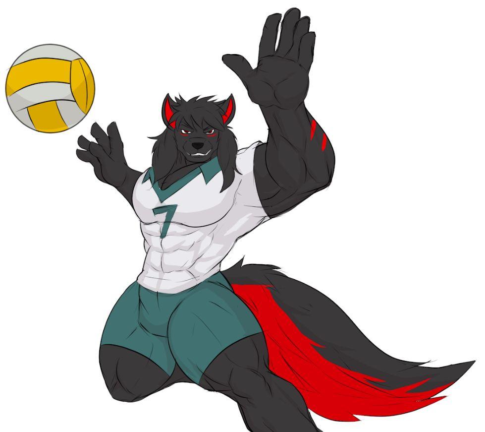 abs alexzandr_sokolov anime anthro ball biceps black_body black_fur black_hair black_tail bottomwear canid canine canis clothing fur haikyuu!! hair kheel long_hair male mammal markings muscular muscular_thighs red_ears red_eyes red_markings red_tail shorts solo sport tail volleyball volleyball_(ball) wolf