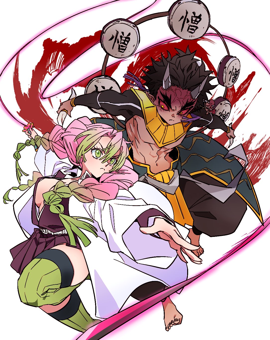 1boy 1girl abs angry armor barefoot belt black_jacket black_pants black_skirt blood braid breasts colored_sclera colored_tips demon_boy demon_slayer_uniform drum dual_wielding eyelashes floating_hair forked_eyebrows frown gradient_hair green_eyes green_hair green_thighhighs hair_between_eyes hand_up highres holding holding_plectrum holding_sword holding_weapon horns instrument jacket jumping kanroji_mitsuri kimetsu_no_yaiba knee_up large_breasts long_hair long_sleeves looking_at_another looking_back looking_to_the_side miniskirt mole multicolored_hair oni open_clothes open_jacket open_shirt outstretched_arms pants pink_hair pleated_skirt plectrum red_sclera ribbed_thighhighs sash short_hair shrug_(clothing) simple_background skirt skirt_set spiked_hair spread_arms sword tassel teasing text_in_eyes thighhighs toned toned_male tri_braids tri_tails ungungzza unsheathed veins very_long_hair weapon whip_sword white_background white_jacket yellow_eyes zohakuten_(kimetsu_no_yaiba)