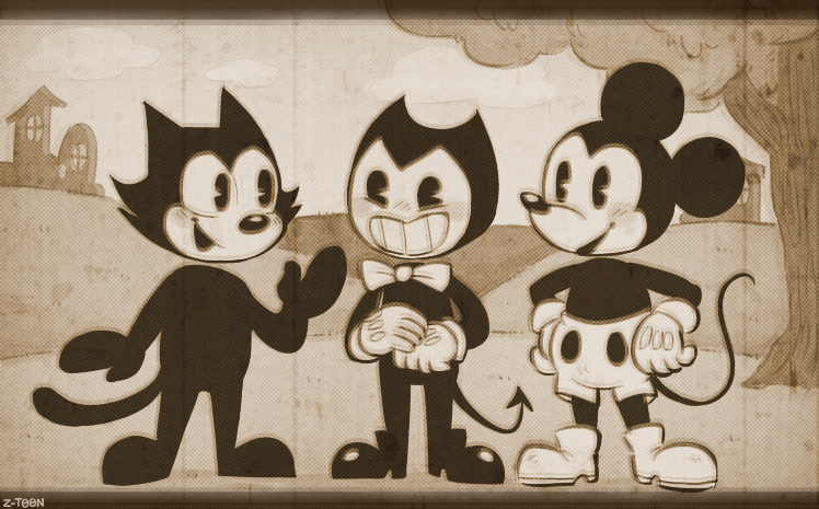 anthro bendy_and_the_ink_machine bendy_the_dancing_demon biped clothed clothing demon disney domestic_cat felid feline felis felix_the_cat felix_the_cat_(series) fingers fleischer_style_toon group male mammal mickey_mouse monochrome mouse murid murine open_mouth open_smile plant rodent smile spade_tail tail toony tree trio z-t00n