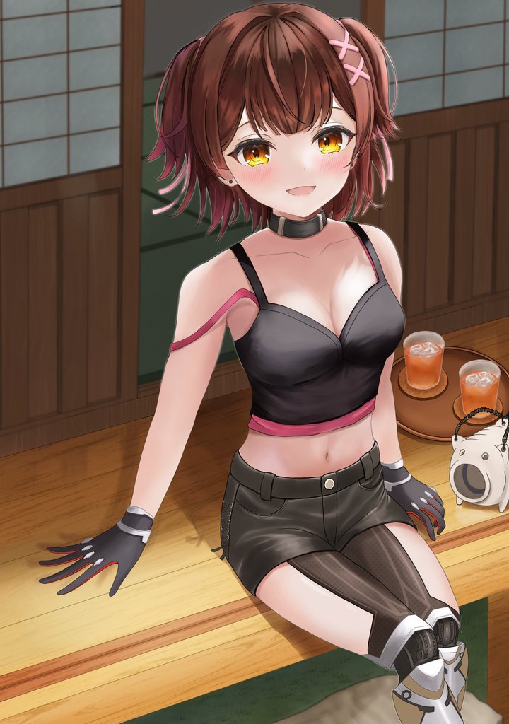 1girl alternate_costume black_shorts blush brown_hair collar commentary_request crop_top cup drink drinking_glass gradient_hair hair_ornament hairclip hololive ice ice_cube kayari_buta looking_at_viewer mechanical_hands mechanical_legs midriff multicolored_hair navel pink_hair pink_tank_top roboco-san roboco-san_(workoutwear) short_hair short_shorts shorts shouji sitting sliding_doors solo tank_top tatsu_(tattti2022) tray two_side_up virtual_youtuber yellow_eyes