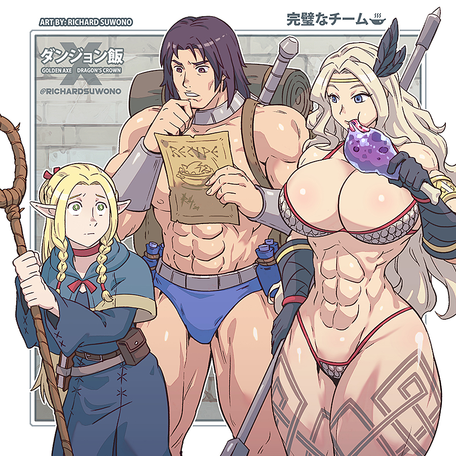 abs amazon_(dragon's_crown) armor ax_battler bikini_armor blonde_hair braid breasts brown_hair crossover dragon's_crown dungeon_meshi eating elf golden_axe large_breasts leg_tattoo mage_staff marcille_donato multiple_crossover muscular muscular_female muscular_male pointy_ears richard_suwono staff tall_female tall_male tattoo thick_thighs thighs twin_braids