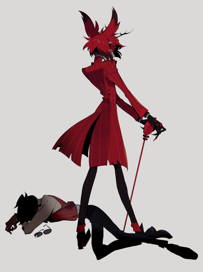 2boys alastor_(hazbin_hotel) antlers black_hair cane colored_sclera commentary_request deer_antlers dual_persona formal glasses hazbin_hotel higa423 holding holding_cane horns humanization looking_at_viewer looking_back male_focus multicolored_hair multiple_boys on_ground red_eyes red_hair red_sclera short_hair simple_background vest