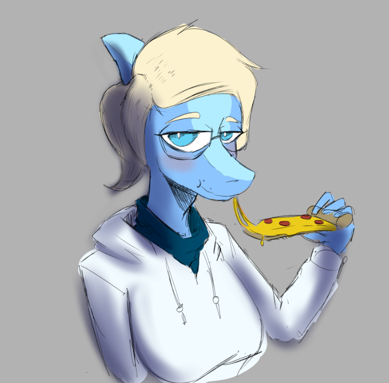 2024 anthro blonde_hair blue_body blue_eyes blue_scales clothing digital_drawing_(artwork) digital_media_(artwork) dinosaur eating eating_food eating_pizza eyewear fan_character female fingers food glasses grey_background hadrosaurid hair hoodie looking_at_viewer ornithischian parasaurolophus pizza pizza_slice reptile scales scalie simple_background snoot_game solo theumslayer topwear zephyr_(op_gero)