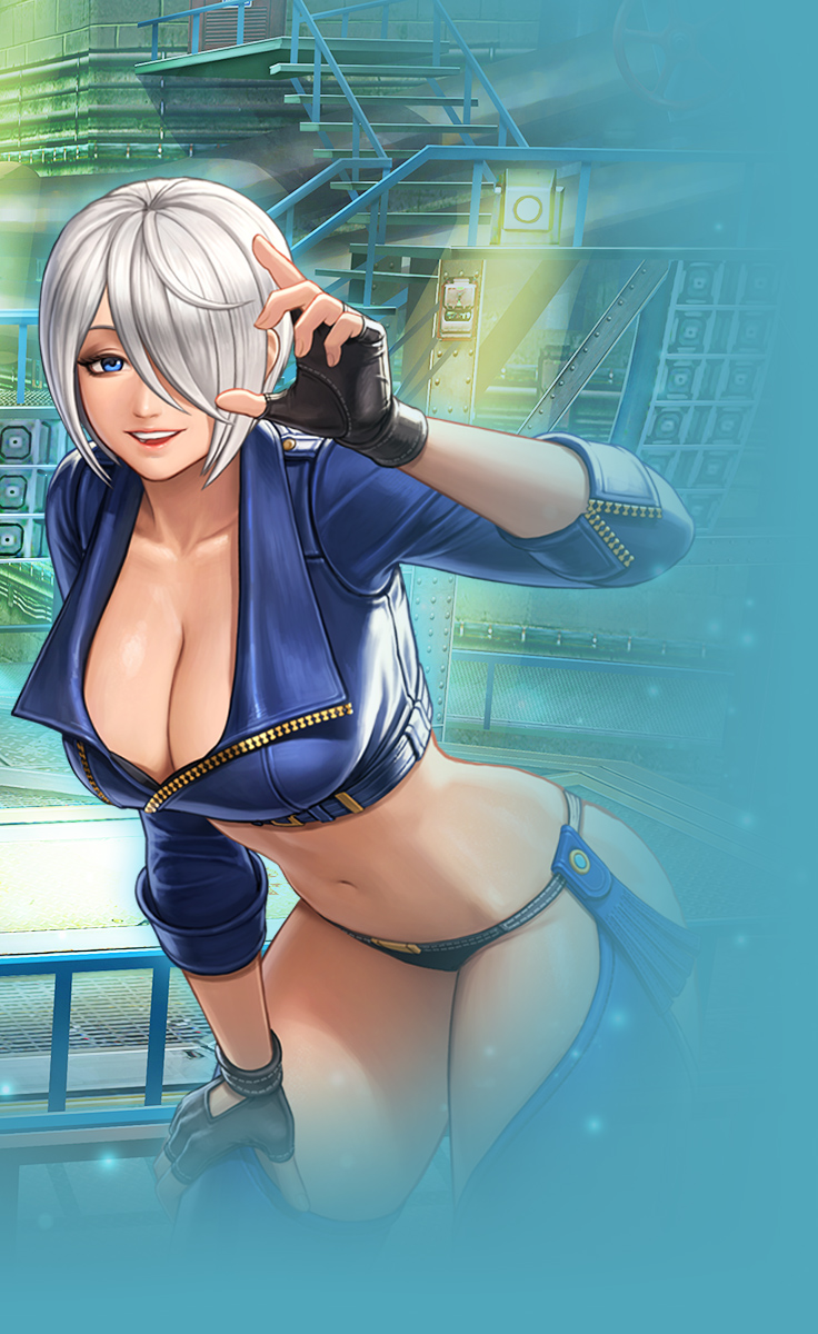 1girl angel_(kof) backless_pants blue_eyes bra breasts chaps cleavage crop_top cropped_jacket fingerless_gloves gloves hair_over_one_eye highres jacket large_breasts leather leather_jacket looking_at_viewer midriff navel official_art panties pants short_hair smile snk solo strapless strapless_bra the_king_of_fighters the_king_of_fighters_all-stars the_king_of_fighters_xiv toned underwear white_hair