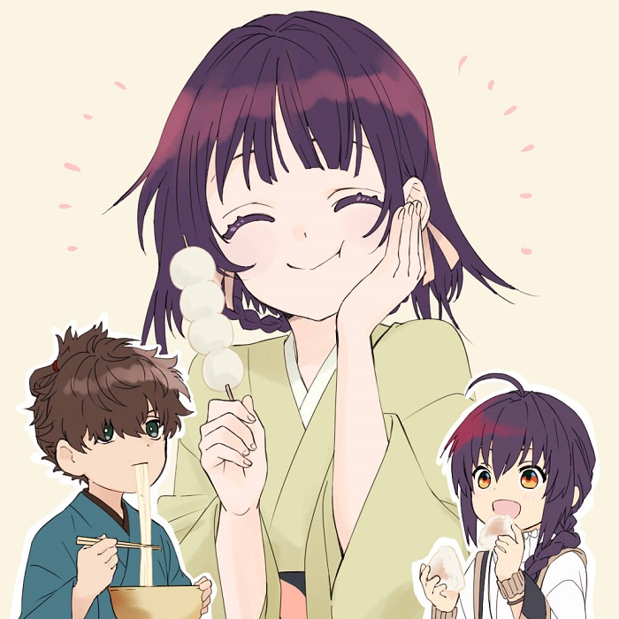 1boy 1girl 1other ahoge black_eyes black_hair braid brown_hair closed_eyes dango eating fate/samurai_remnant fate_(series) food green_kimono holding holding_skewer japanese_clothes kimono miyamoto_iori_(fate) noodles ogasawara_kaya onigiri orange_eyes ramen skewer smile wagashi yamato_takeru_(fate) yamazaki_mitsuko