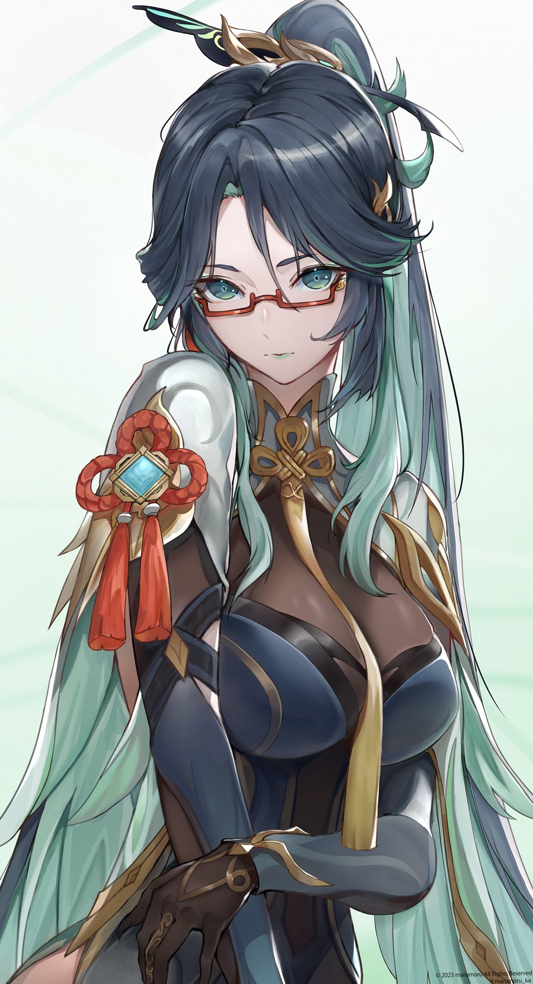 aqua_eyes aqua_lips black_hair breasts chinese_hairpin cloud_retainer_(genshin_impact) colored_inner_hair earrings genshin_impact glasses gloves green_hair hair_ornament highres jewelry large_breasts long_hair long_sleeves looking_at_viewer marumoru multicolored_hair red-framed_eyewear semi-rimless_eyewear solo tassel tassel_earrings two-tone_hair very_long_hair vision_(genshin_impact) xianyun_(genshin_impact)