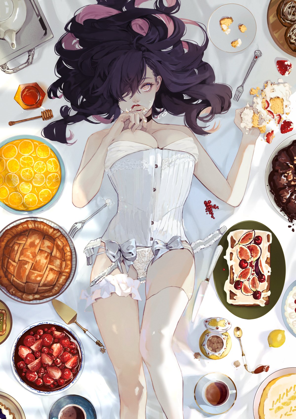 1girl az_(wakana) berry black_hair bow breasts bridal_garter cake cake_slicer chocolate_cake choker colored_inner_hair corset crumbs cup drink eyelashes eyeshadow feet_out_of_frame fig finger_sucking fingernails food food_on_face fork from_above fruit hair_over_one_eye hair_spread_out highres holding holding_food honey honeypot lace lace_panties large_breasts lemon lemon_slice lingerie lipstick long_hair looking_at_viewer lying makeup multi-strapped_panties multicolored_hair on_back on_table one_eye_covered original panties pie pink_hair purple_hair red_lips saucer single_thighhigh solo spoon strap strawberry streaked_hair sugar_cube table tart_(food) tea teacup teapot thighhighs tray two-tone_hair underwear underwear_only white_bow white_panties white_thighhighs