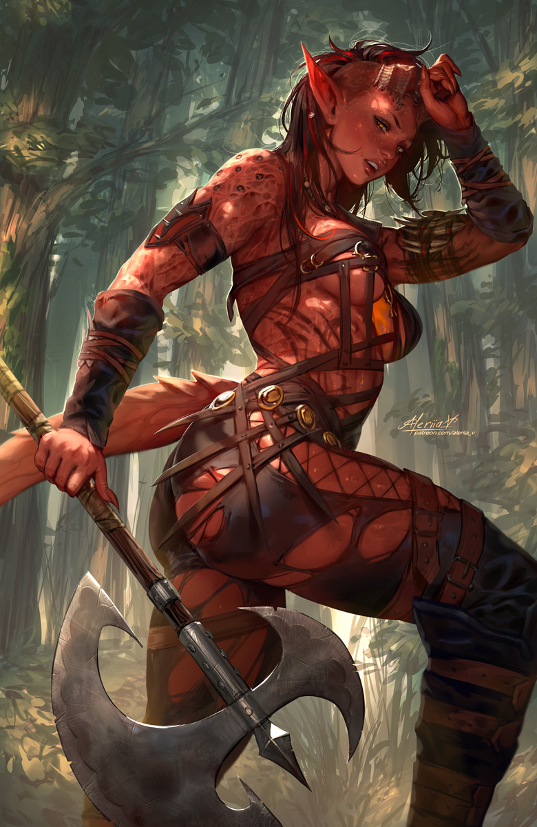 1girl aleriia_v ass axe baldur's_gate baldur's_gate_3 black_hair broken_horn colored_skin demon_girl demon_horns demon_tail dungeons_and_dragons feet_out_of_frame forest from_side highres holding holding_axe horns karlach long_hair looking_at_viewer muscular muscular_female nature outdoors pointy_ears red_hair red_skin solo tail tiefling